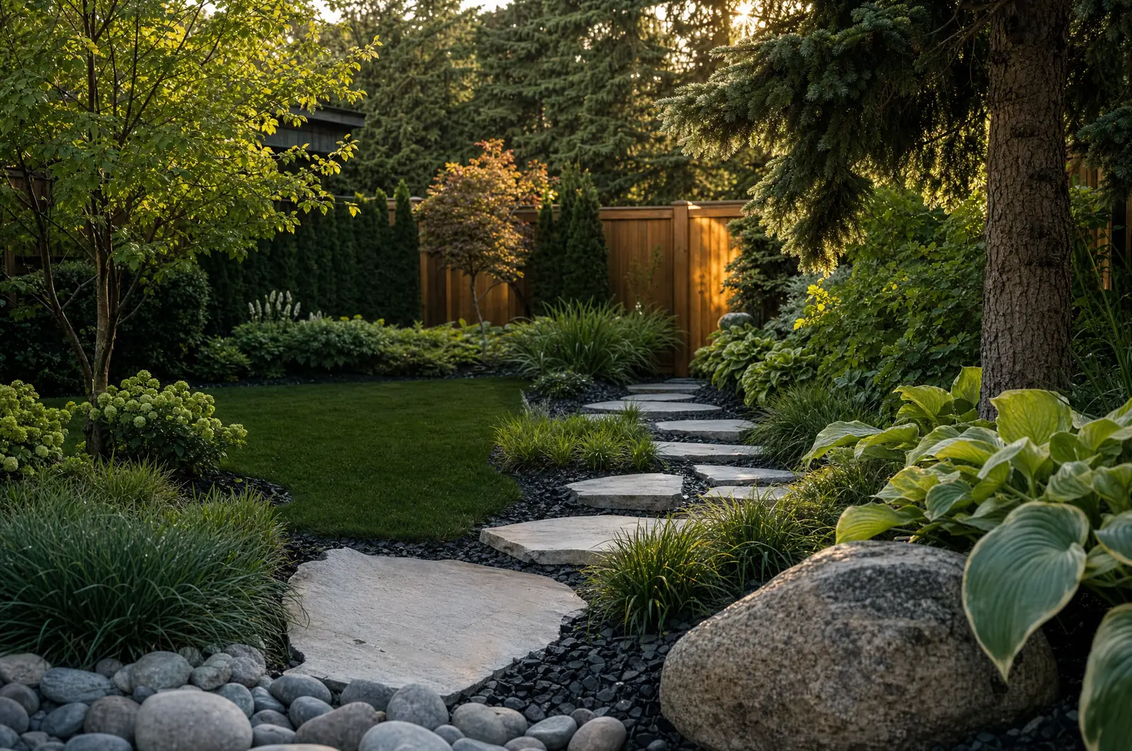 Stepping stones curving through a lawn past river rock, boulders and planting to a cedar gate